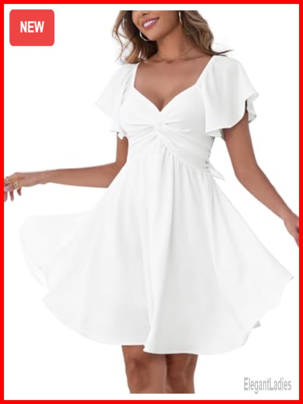 Women's Sweetheart Knot Front Flutter Sleeve Tie Back A-Line Chiffon Mini Dress